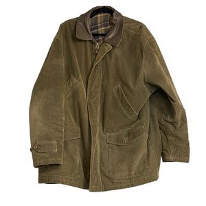 Vintage St. Michael Green Corduroy Barn Jacket Leather Collar Plaid Lining Large
